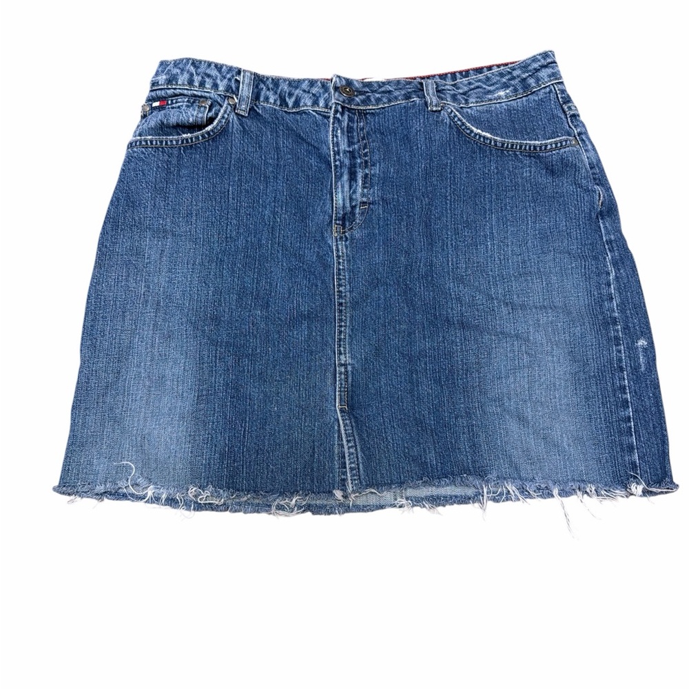 my Hilfiger Denim Mini Skirt Size 14 Raw Hem Blue Jean Skirt Y2K
